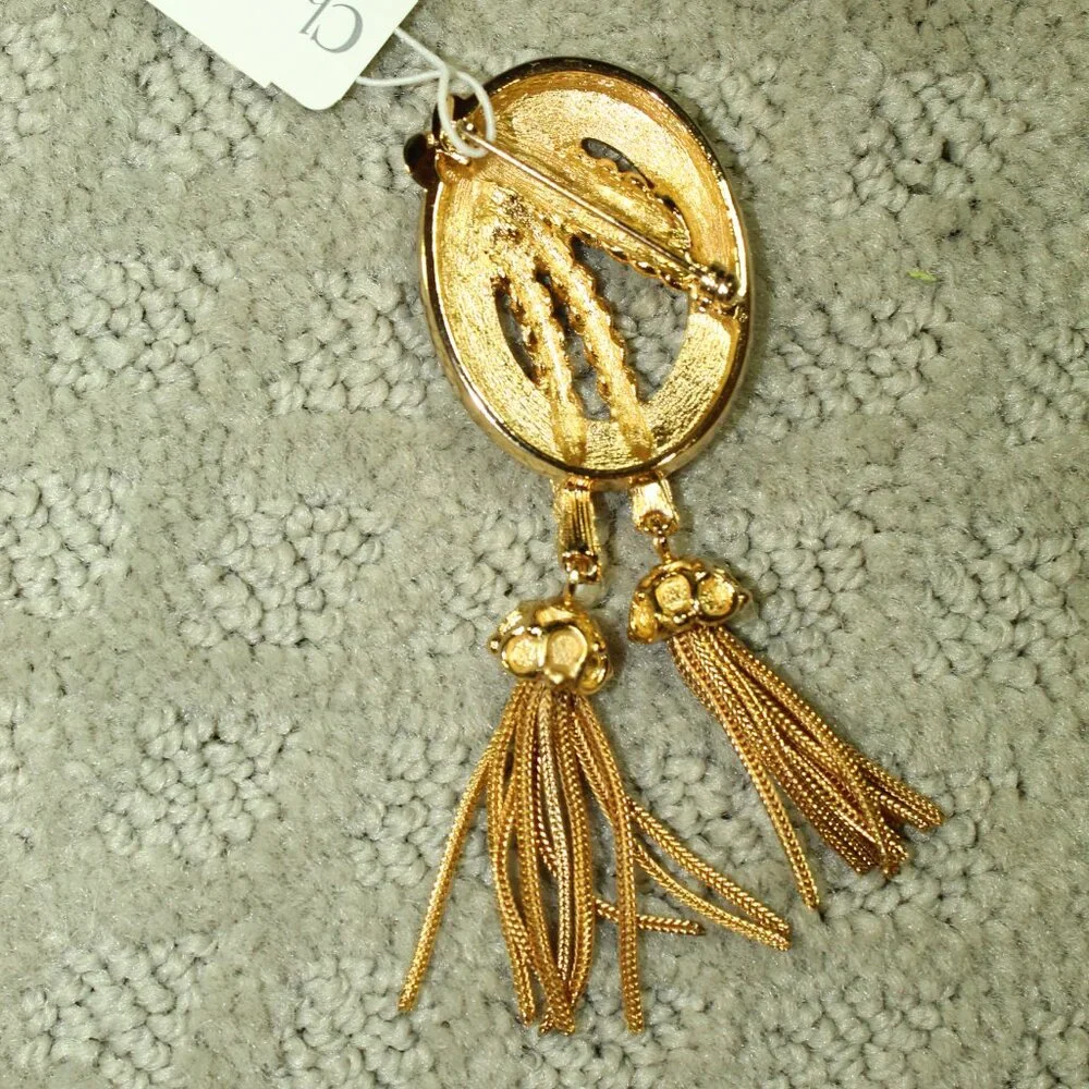 Christian Dior Brooch 1980s Vtg Medallion Double Tassel Fringe Chunky German Art